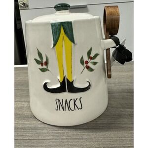 Elf Snack Rae Dunn Embossed Ceramic Christmas Kitchen Canister Jar Wooden Scoop